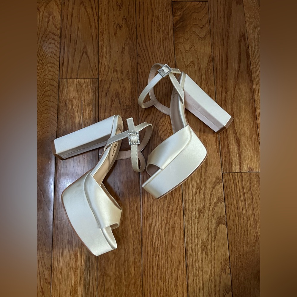 Lulus Pietro Ivory Satin Platform Square Toe High Heel